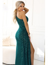 numoco SELENA trblietavé dlhé šaty na jedno rameno s rozparkom - zelené s trblietkami