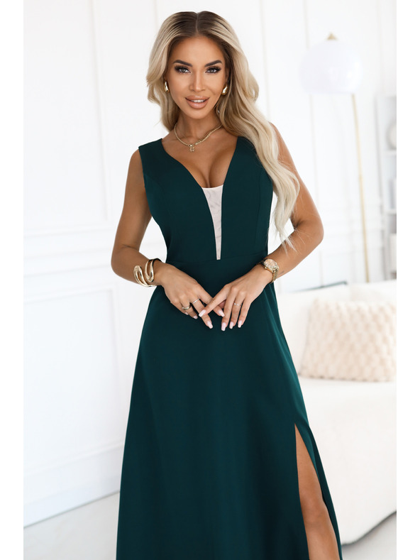 numoco Módne, postavu lichotivé maxi šaty s rozparkom na nohavici - fľaškovo zelené