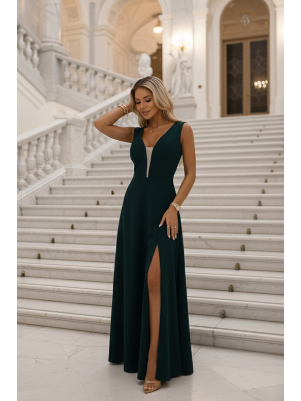 numoco Módne, postavu lichotivé maxi šaty s rozparkom na nohavici - fľaškovo zelené