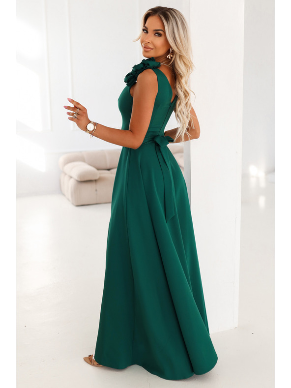 numoco Elegantné večerné maxi šaty s rozparkom a ružami - fľaškovo zelené