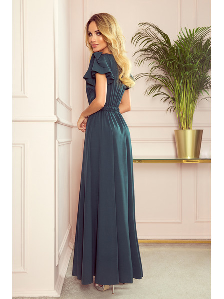 numoco LIDIA dlhé šaty s výstrihom a volánmi - zelené