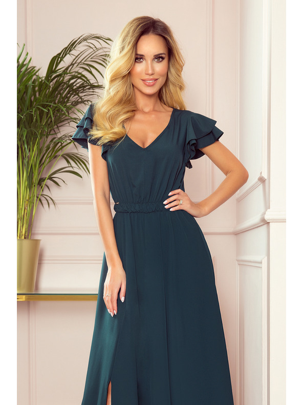 numoco LIDIA dlhé šaty s výstrihom a volánmi - zelené