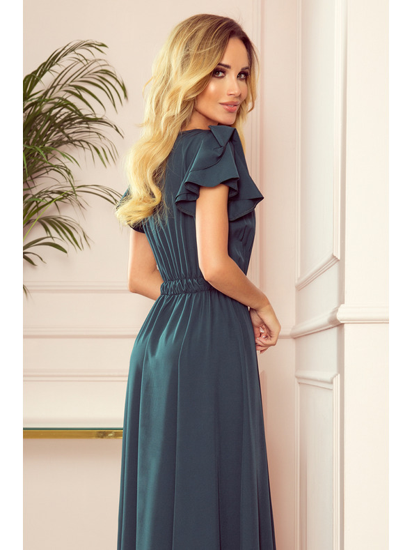 numoco LIDIA dlhé šaty s výstrihom a volánmi - zelené