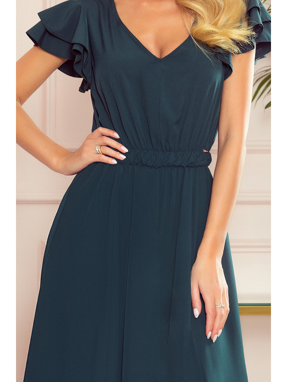 numoco LIDIA dlhé šaty s výstrihom a volánmi - zelené