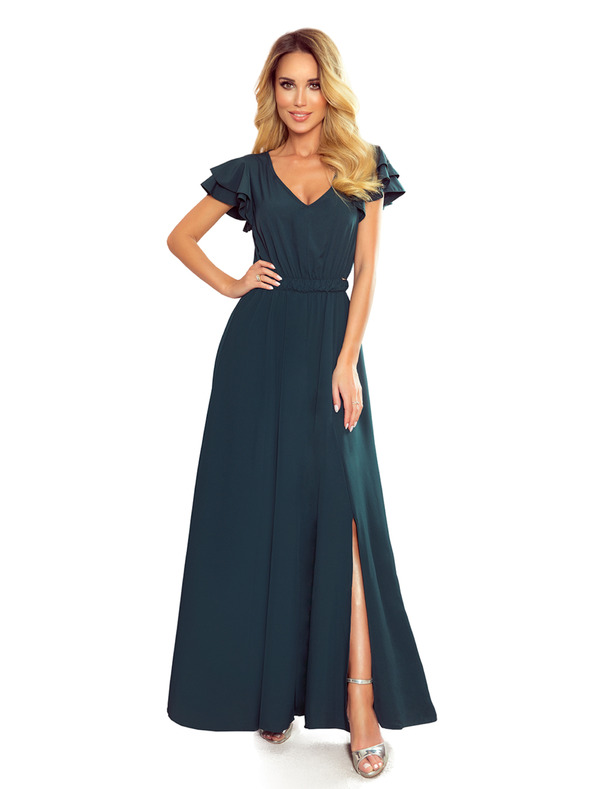 numoco LIDIA dlhé šaty s výstrihom a volánmi - zelené