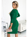 numoco Elegantné bavlnené šaty s listovým výstrihom a dlhým rukávom - zelené