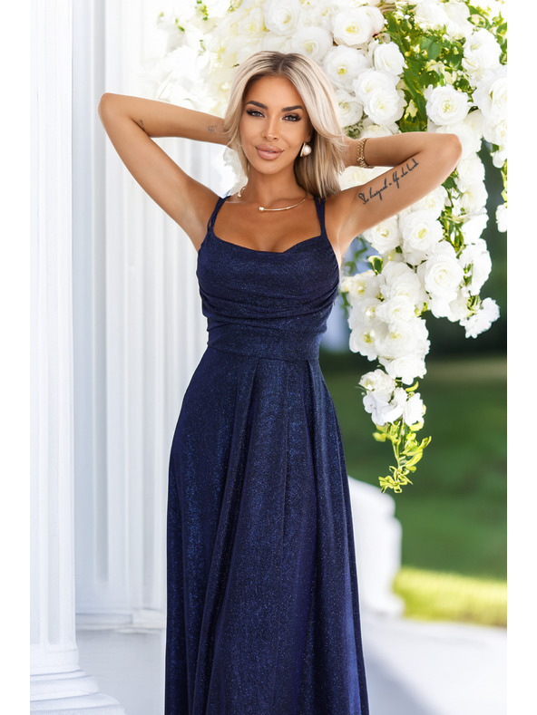 numoco Dlhé šaty s jemným trblietaním a korzetnvm zaväzovaním na zadnej strane - tmavo modré s trblietkami