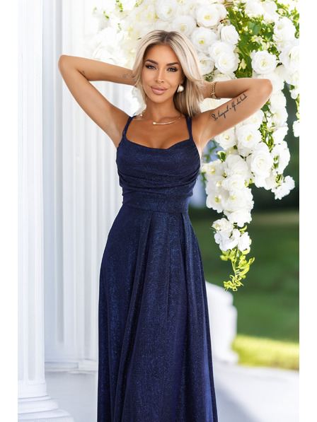 numoco Dlhé šaty s jemným trblietaním a korzetnvm zaväzovaním na zadnej strane - tmavo modré s trblietkami