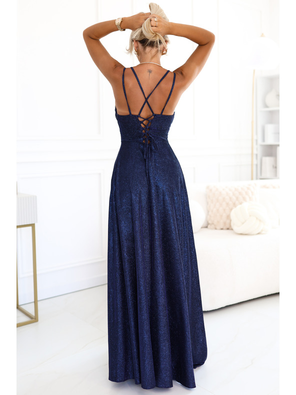 numoco Dlhé šaty s jemným trblietaním a korzetnvm zaväzovaním na zadnej strane - tmavo modré s trblietkami
