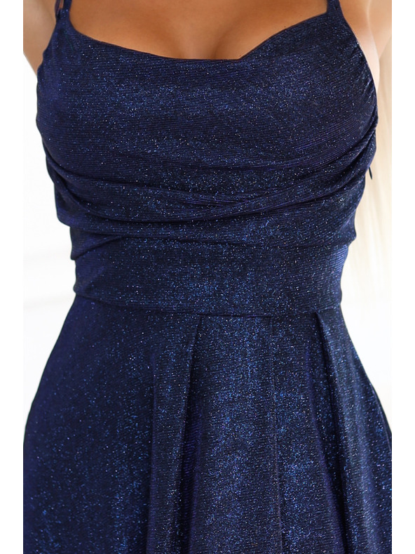numoco Dlhé šaty s jemným trblietaním a korzetnvm zaväzovaním na zadnej strane - tmavo modré s trblietkami