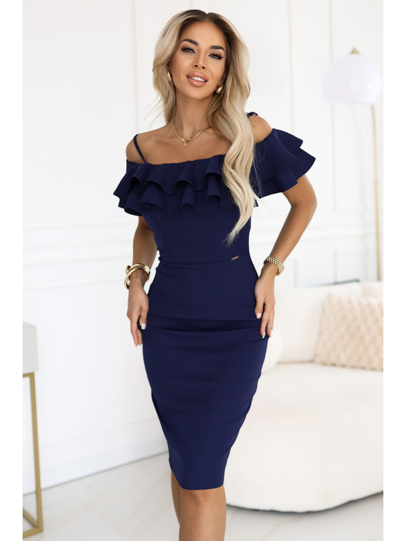 numoco CARMEN Priľnavé midi šaty v španielskom štýle - tmavo modré