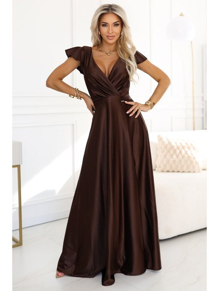numoco CRYSTAL saténové dlhé šaty s výstrihom - čokoládové