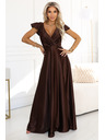 numoco CRYSTAL saténové dlhé šaty s výstrihom - čokoládové