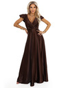 numoco CRYSTAL saténové dlhé šaty s výstrihom - čokoládové