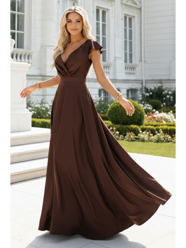 numoco CRYSTAL saténové dlhé šaty s výstrihom - čokoládové
