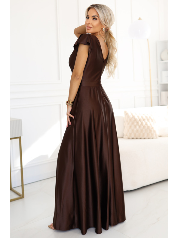 numoco CRYSTAL saténové dlhé šaty s výstrihom - čokoládové