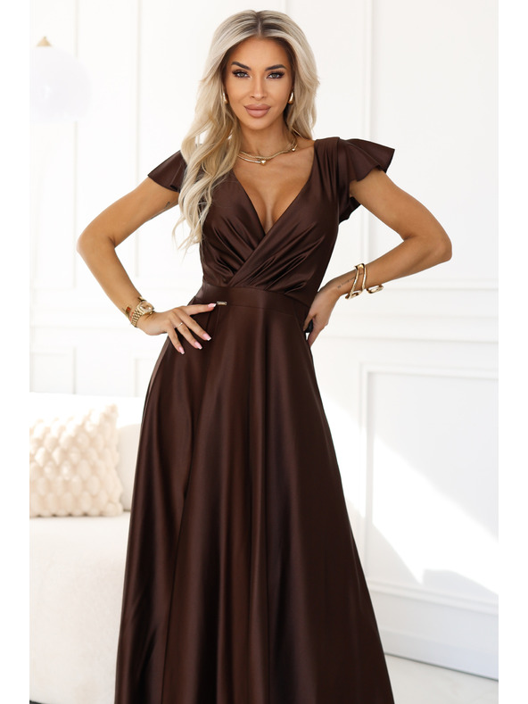 numoco CRYSTAL saténové dlhé šaty s výstrihom - čokoládové