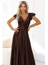 numoco CRYSTAL saténové dlhé šaty s výstrihom - čokoládové