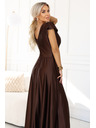 numoco CRYSTAL saténové dlhé šaty s výstrihom - čokoládové