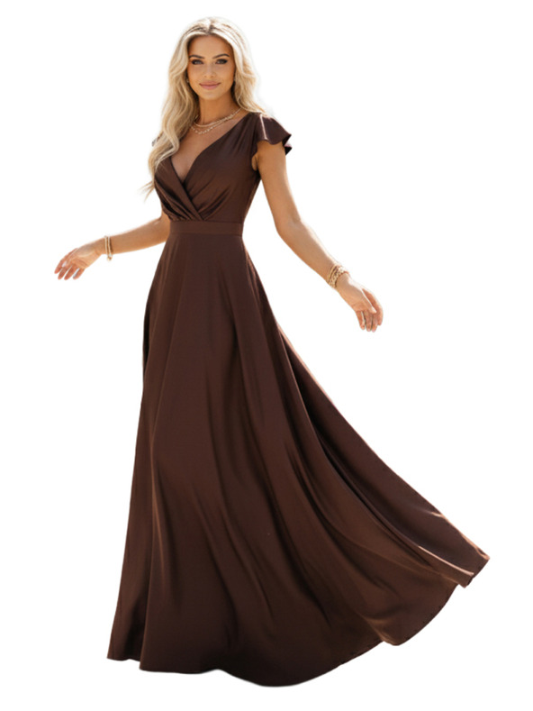 numoco CRYSTAL saténové dlhé šaty s výstrihom - čokoládové