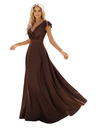 numoco CRYSTAL saténové dlhé šaty s výstrihom - čokoládové