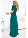 numoco Elegantné dlhé spoločenské šaty s kvetinou, páskom a vysokým rozparkom - fľaškovo zelená