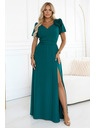 numoco Elegantné dlhé spoločenské šaty s kvetinou, páskom a vysokým rozparkom - fľaškovo zelená