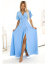 numoco JENNIFER dlhé šaty s rozparkom na nohaviciach, rukávom a výstrihom - svetlo modré