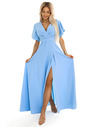 numoco JENNIFER dlhé šaty s rozparkom na nohaviciach, rukávom a výstrihom - svetlo modré