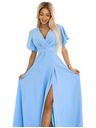 numoco JENNIFER dlhé šaty s rozparkom na nohaviciach, rukávom a výstrihom - svetlo modré
