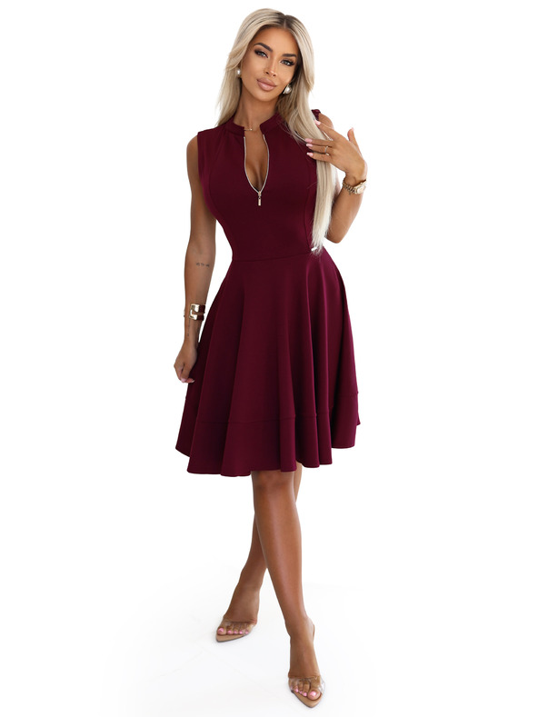 numoco Exkluzívne šaty s rozšíreným spodným dielom a zipsom - vínové