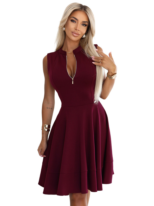 numoco Exkluzívne šaty s rozšíreným spodným dielom a zipsom - vínové