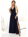 numoco MIRA Elegantné maxi šaty so zavinovacím výstrihom a rozparkom na nohavici - tmavo modré