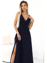numoco MIRA Elegantné maxi šaty so zavinovacím výstrihom a rozparkom na nohavici - tmavo modré