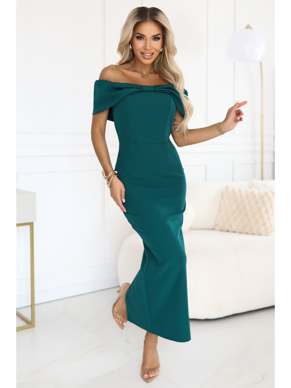 numoco Zmyselné midi šaty s mašľou pri výstrihu - fľaškovo zelené
