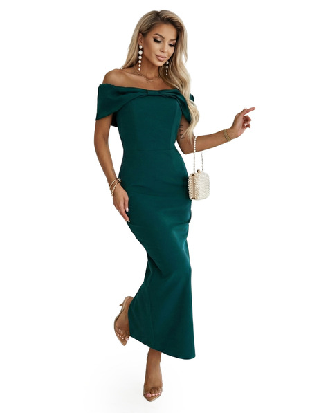 numoco Zmyselné midi šaty s mašľou pri výstrihu - fľaškovo zelené