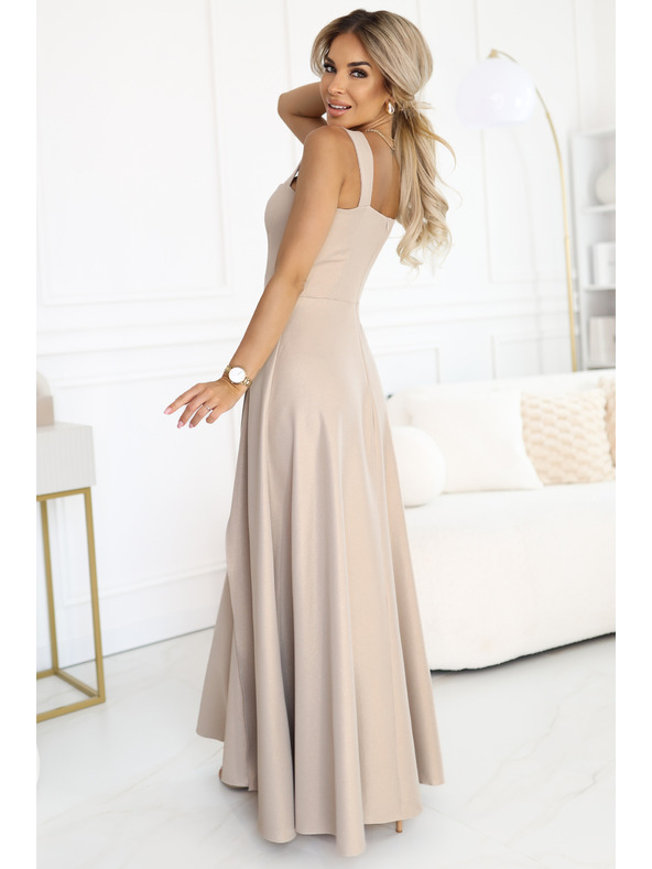 numoco AURELIA dlhé šaty s rozparkom a diamantovým výstrihom - béžové s trblietkami