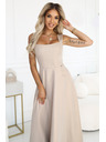 numoco AURELIA dlhé šaty s rozparkom a diamantovým výstrihom - béžové s trblietkami