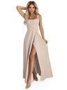 numoco AURELIA dlhé šaty s rozparkom a diamantovým výstrihom - béžové s trblietkami