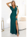 numoco IRINA Oslňujúce dlhé šaty s brokátom, výstrihom do V a rozparkom na nohavici - fľaštickovo zelené