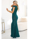 numoco IRINA Oslňujúce dlhé šaty s brokátom, výstrihom do V a rozparkom na nohavici - fľaštickovo zelené