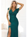 numoco IRINA Oslňujúce dlhé šaty s brokátom, výstrihom do V a rozparkom na nohavici - fľaštickovo zelené