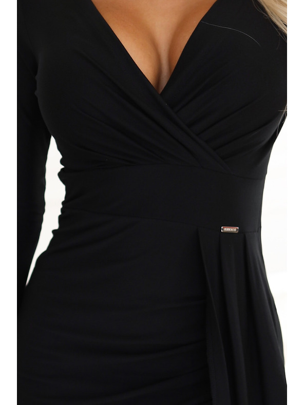 numoco Elegantné dlhé šaty so zavinovacím výstrihom a rozparkom - čierne