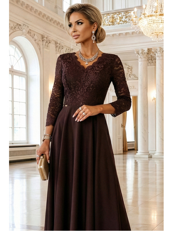 numoco AMBER elegantné dlhé čipkované šaty s výstrihom - čokoládové