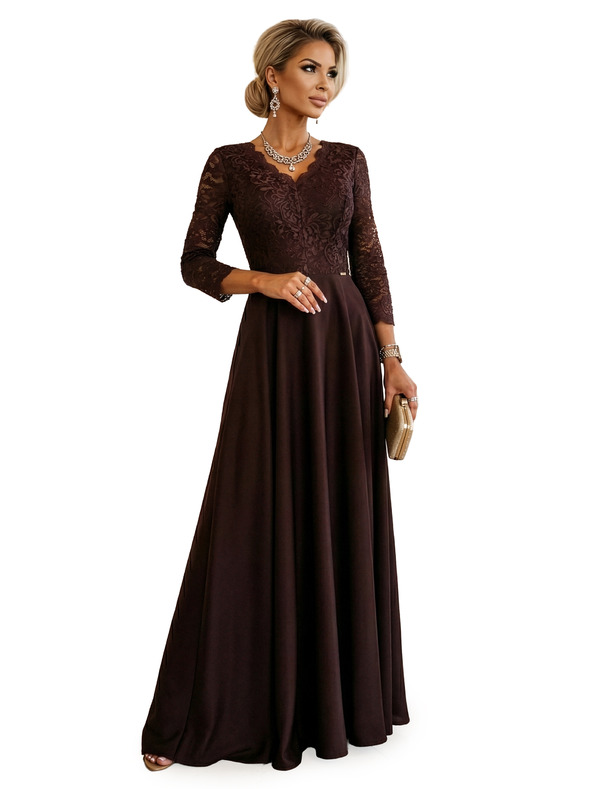 numoco AMBER elegantné dlhé čipkované šaty s výstrihom - čokoládové