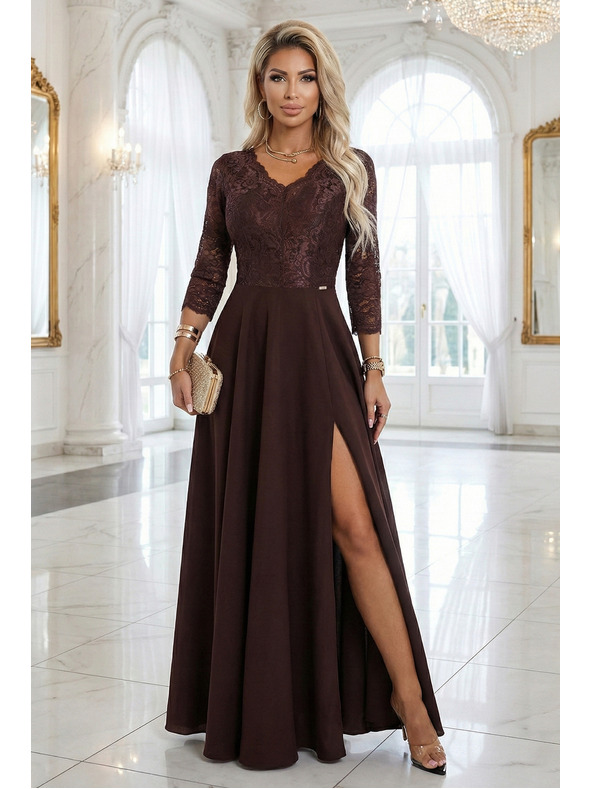 numoco AMBER elegantné dlhé čipkované šaty s výstrihom - čokoládové