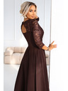 numoco AMBER elegantné dlhé čipkované šaty s výstrihom - čokoládové