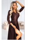 numoco AMBER elegantné dlhé čipkované šaty s výstrihom - čokoládové