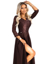 numoco AMBER elegantné dlhé čipkované šaty s výstrihom - čokoládové