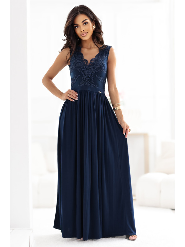 numoco LEA Dlhé elegantné maxi šaty s čipkovým topom a rozparkom na nohavici - tmavo modré